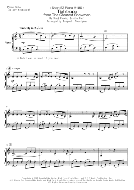 Short Ez Piano 189 Tightrope From The Greatest Showman Sheet Music