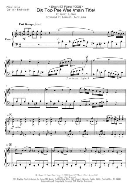 Free Sheet Music Short Ez Piano 206 Big Top Pee Wee Main Title