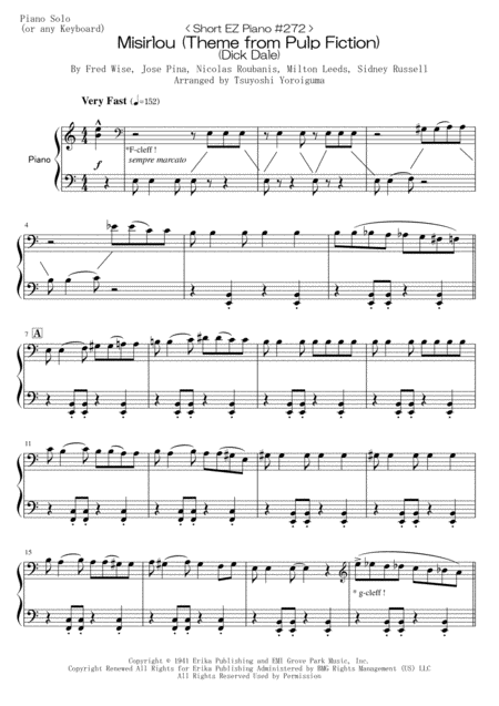 Free Sheet Music Short Ez Piano 272 Misirlou Theme From Pulp Fiction