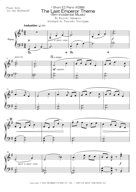 Free Sheet Music Short Ez Piano 288 The Last Emperor Theme