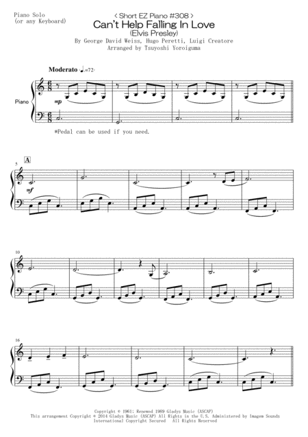 Short Ez Piano 308 Cant Help Falling In Love Sheet Music