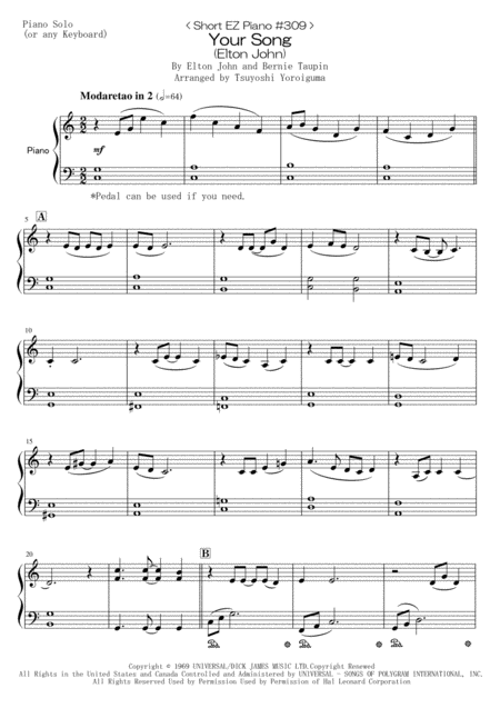 Short Ez Piano 309 Your Song Sheet Music