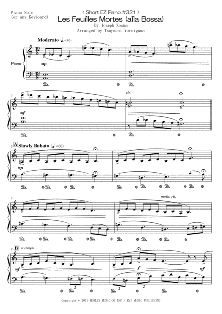 Free Sheet Music Short Ez Piano 321 Les Feuilles Mortes Alla Bossa