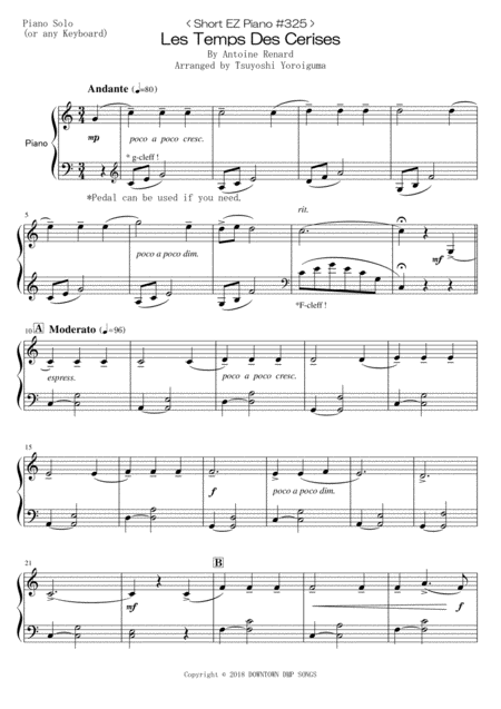 Free Sheet Music Short Ez Piano 325 Les Temps Des Cerises