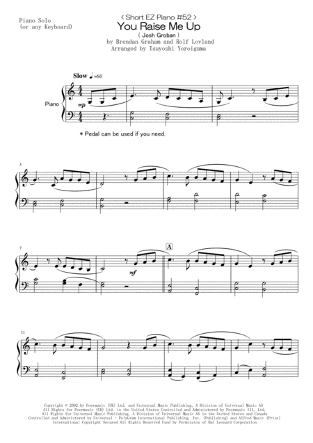 Free Sheet Music Short Ez Piano 52 You Raise Me Up