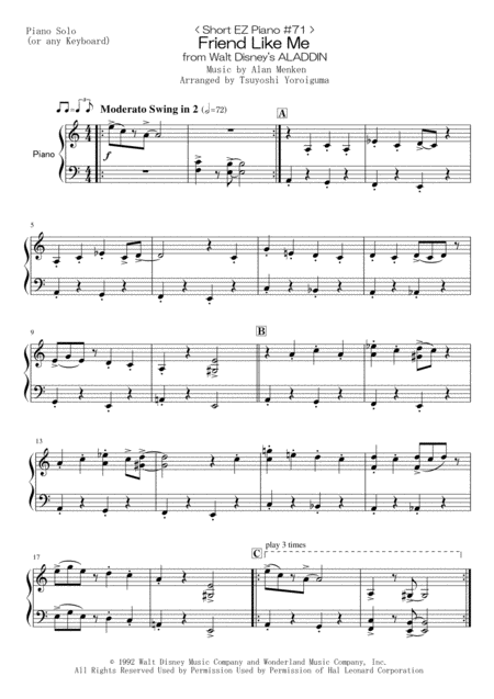 Short Ez Piano 71 Friend Like Me From Walt Disneys Aladdin Sheet Music