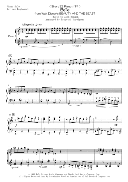 Short Ez Piano 74 Belle From Walt Disneys Beauty And The Beast Sheet Music