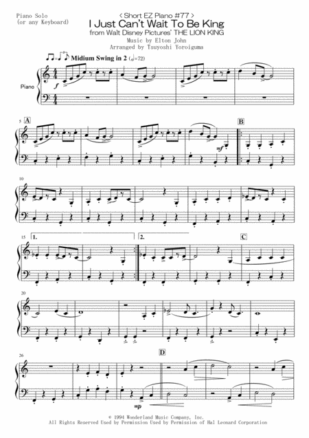 Free Sheet Music Short Ez Piano 77 I Just Cant Wait To Be King From Walt Disney Pictures The Lion King