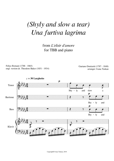 Shyly And Slow A Tear Una Furtiva Lagrima Tbb And Piano B Flat Minor Sheet Music