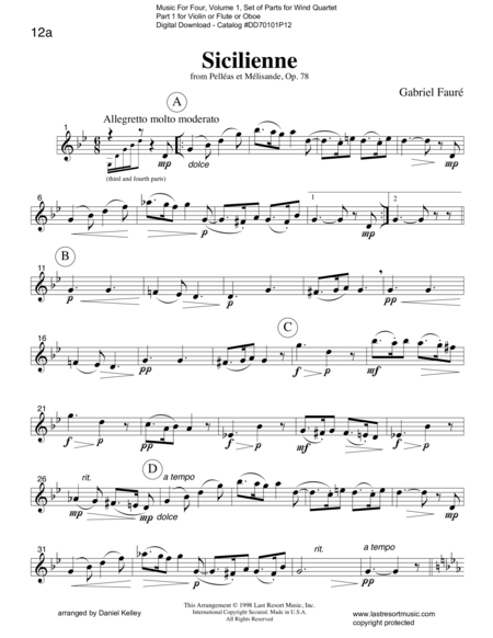 Sicilienne From Pelleas Et Melisande Wind Quartet Or Mixed Quartet Sheet Music