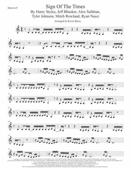 Free Sheet Music Sign Of The Times Horn In F Easy Key Of C