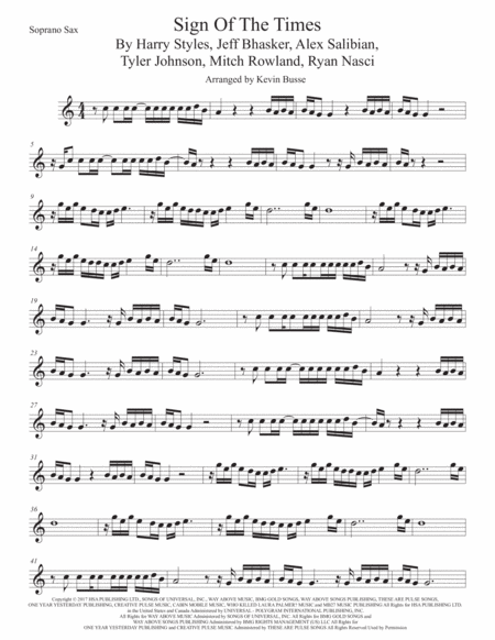 Free Sheet Music Sign Of The Times Soprano Sax Easy Key Of C