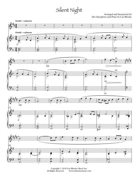 Silent Night A Contemporary Arrangement For Alto Saxophone And Piano Sheet Music