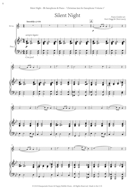 Free Sheet Music Silent Night A Shmooshy Jazz Arrangement For Bb Saxophone And Piano Includes Free Demonstration And Backing Tracks