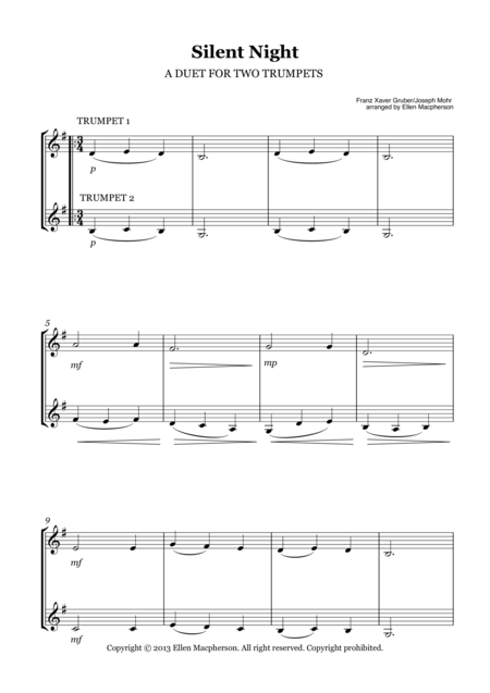 Free Sheet Music Silent Night Christmas Duet For Two Trumpets