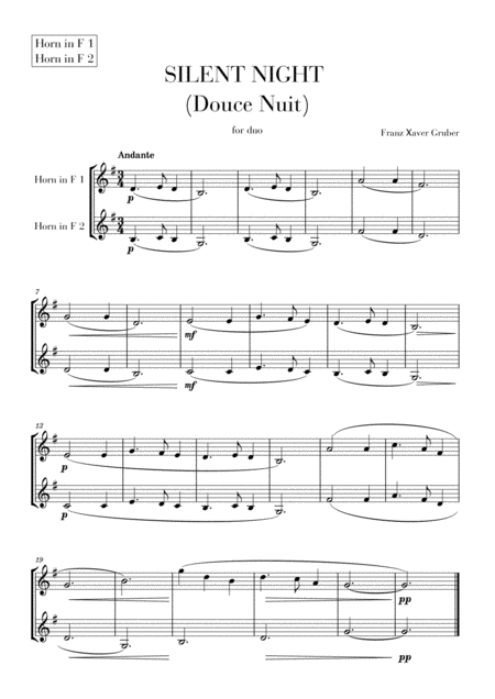 Silent Night Douce Nuit For French Horn Duet Sheet Music