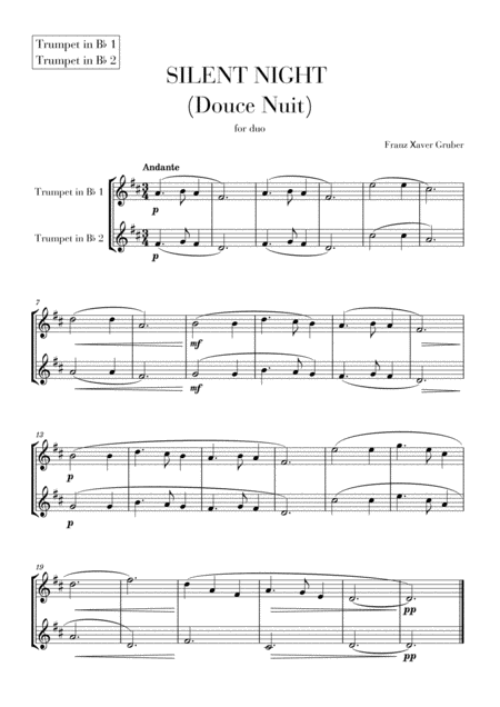 Free Sheet Music Silent Night Douce Nuit For Trumpet In Bb Duet