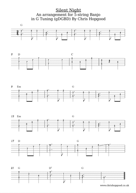 Silent Night For 5 String Banjo Sheet Music