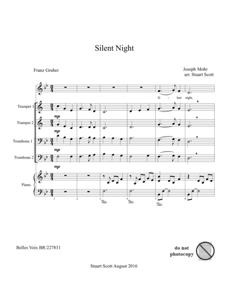 Free Sheet Music Silent Night For Brass Quartet Piano And Unison Voices