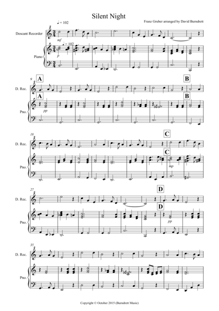 Silent Night For Descant Recorder And Piano Sheet Music