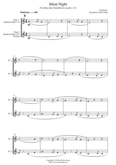 Free Sheet Music Silent Night For Flute Duet Suitable For Grades 1 5