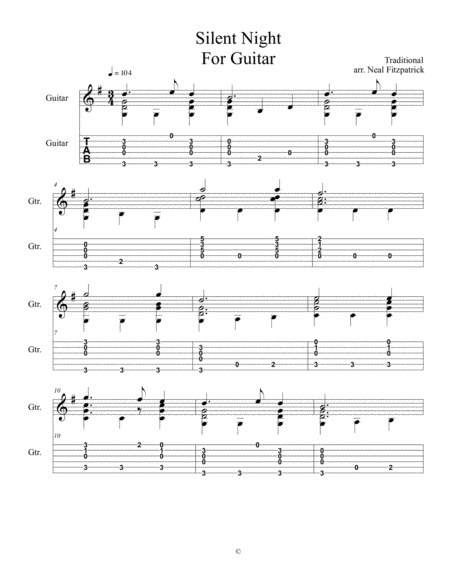 Free Sheet Music Silent Night For Guitar