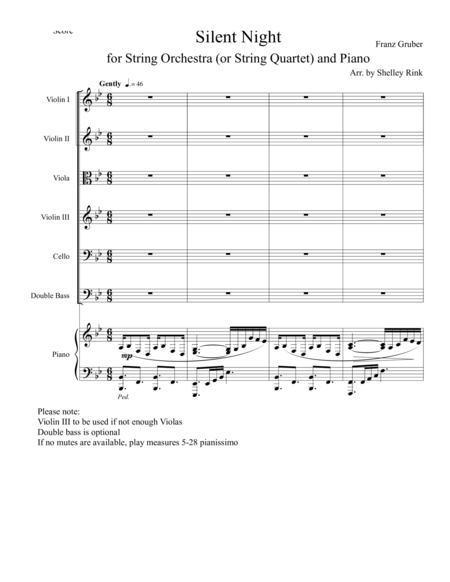 Silent Night For String Orchestra Or String Quartet And Piano Sheet Music