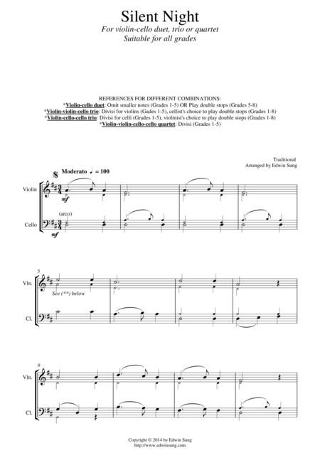 Silent Night For Violin Cello Duet Trio Or Quartet Suitable For All Grades Sheet Music