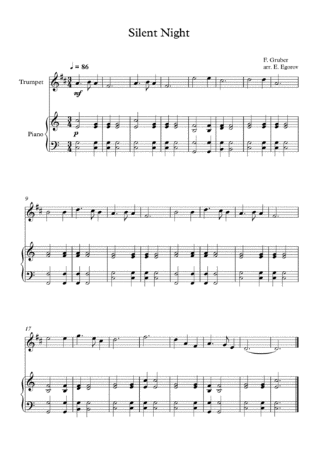 Free Sheet Music Silent Night Franz Xaver Gruber For Trumpet Piano