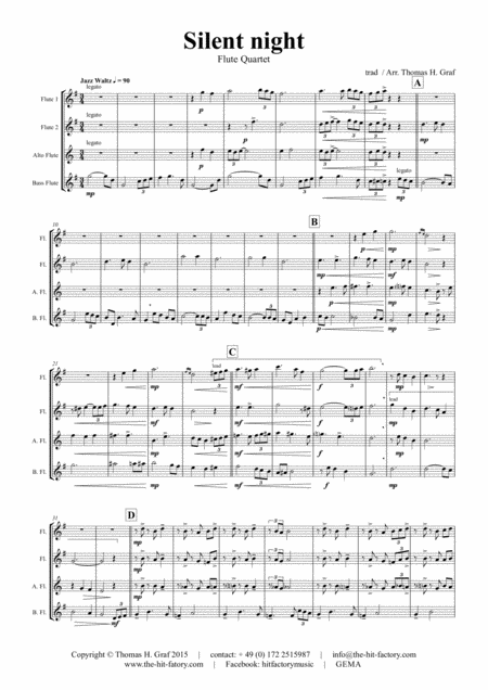 Silent Night Stille Nacht Jazz Waltz Flute Quartet Sheet Music