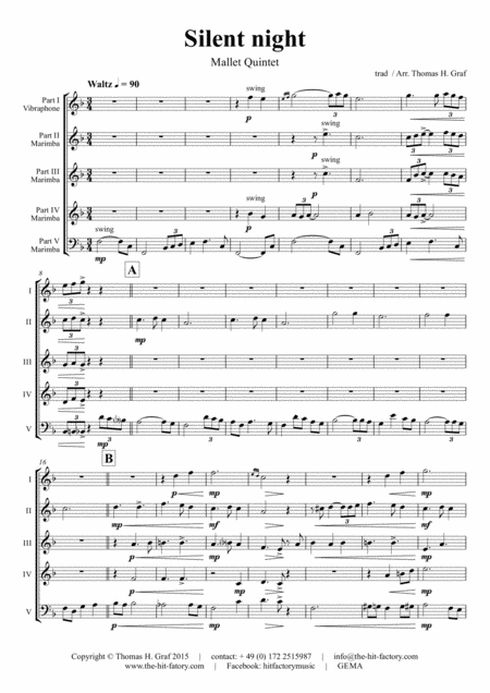 Silent Night Stille Nacht Jazz Waltz Mallet Quintet Sheet Music