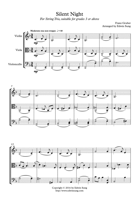 Silent Night String Trio Grades 3 Part Scores Included Sheet Music