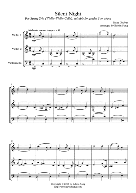 Silent Night String Trio Violin Violin Cello Grades 3 Part Scores Included Sheet Music