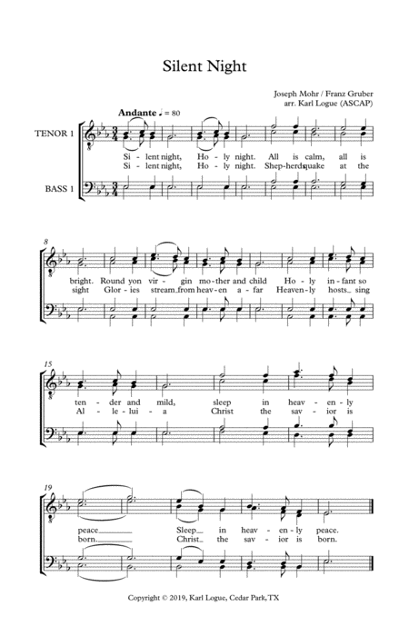 Free Sheet Music Silent Night Ttbb A Capella