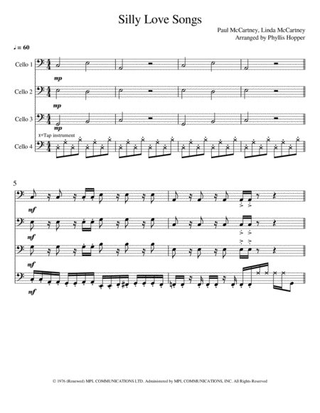 Silly Love Songs Cello Quartet Sheet Music