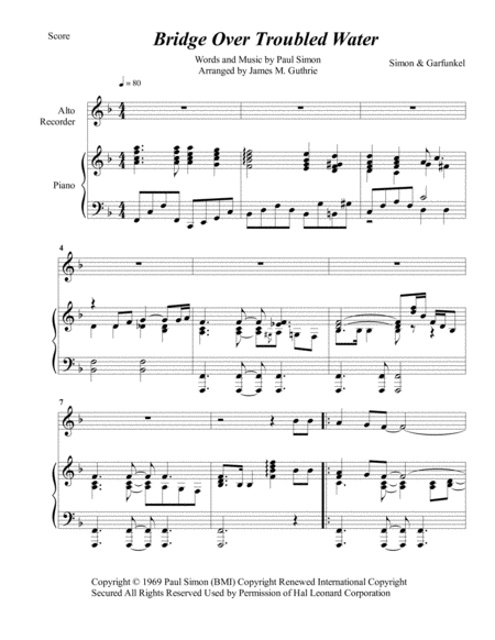 Simon Garfunkel Bridge Over Troubled Water For Alto Recorder Piano Sheet Music