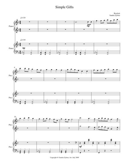 Free Sheet Music Simple Gifts 1 Piano 4 Hands