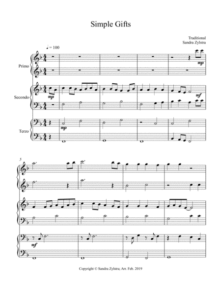 Simple Gifts 1 Piano 6 Hands Trio Sheet Music