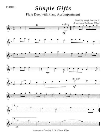 Simple Gifts Easy Flute Duet With Piano Accompaniment Sheet Music