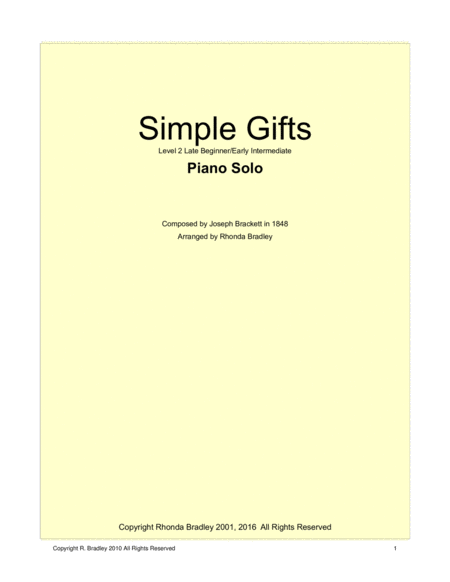 Simple Gifts Piano Solo Intermediate Level Sheet Music