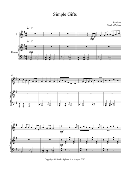 Simple Gifts Treble F Instrument Solo Sheet Music