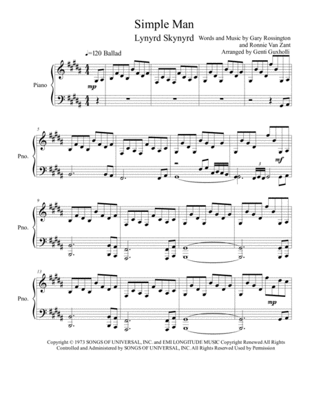 Simple Man Piano Solo Sheet Music