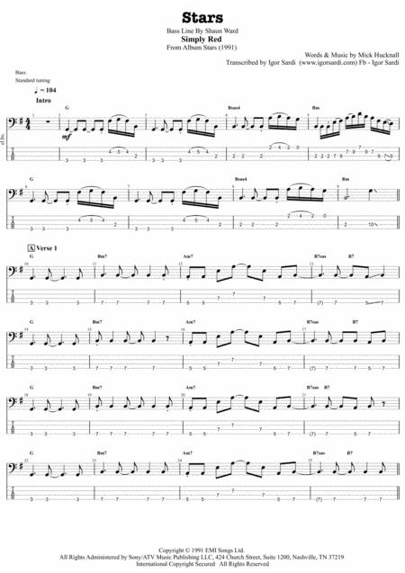 Simply Red Stars Complete And Accurate Bass Transcription Whit Tab Sheet Music