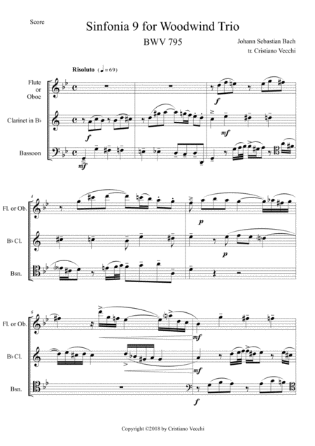 Sinfonia 9 For Woodwind Trio Sheet Music