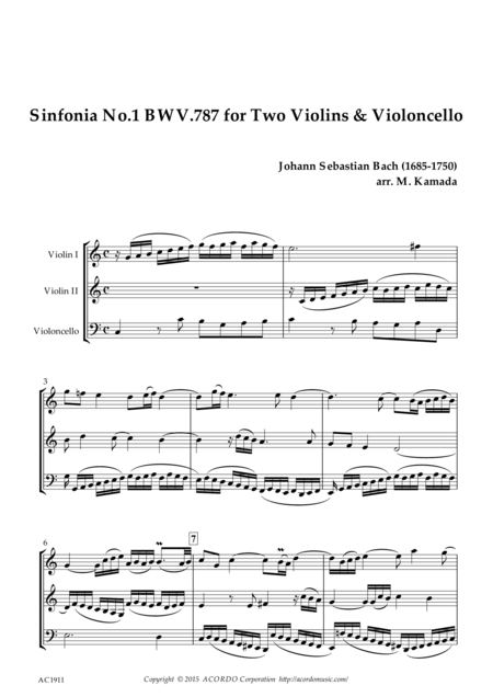 Sinfonia No 1 Bwv 787 For Two Violins Violoncello Sheet Music