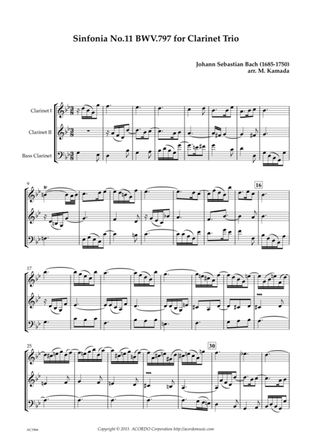 Sinfonia No 11 Bwv 797 For Clarinet Trio Sheet Music