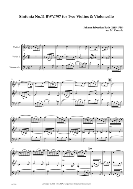 Sinfonia No 11 Bwv 797 For Two Violins Violoncello Sheet Music