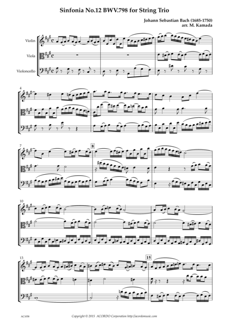 Sinfonia No 12 Bwv 798 For String Trio Sheet Music