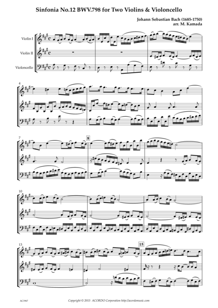 Sinfonia No 12 Bwv 798 For Two Violins Violoncello Sheet Music