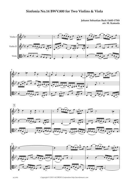 Free Sheet Music Sinfonia No 14 Bwv 800 For Two Violins Viola